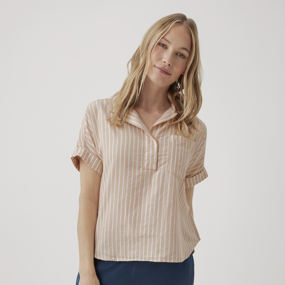 Pact Tan/White Striped Popover Shirt | Size Small